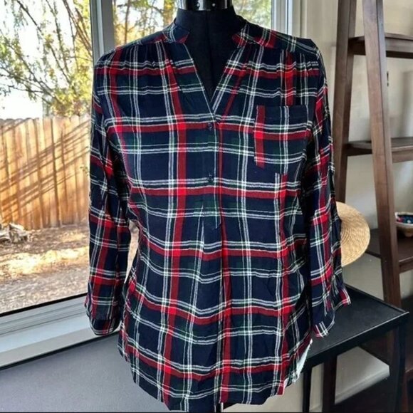 Market & Spruce Tops - Market & Spruce Women’s Large Plaid Rayon Tunic Top Navy Red Long Sleeve
